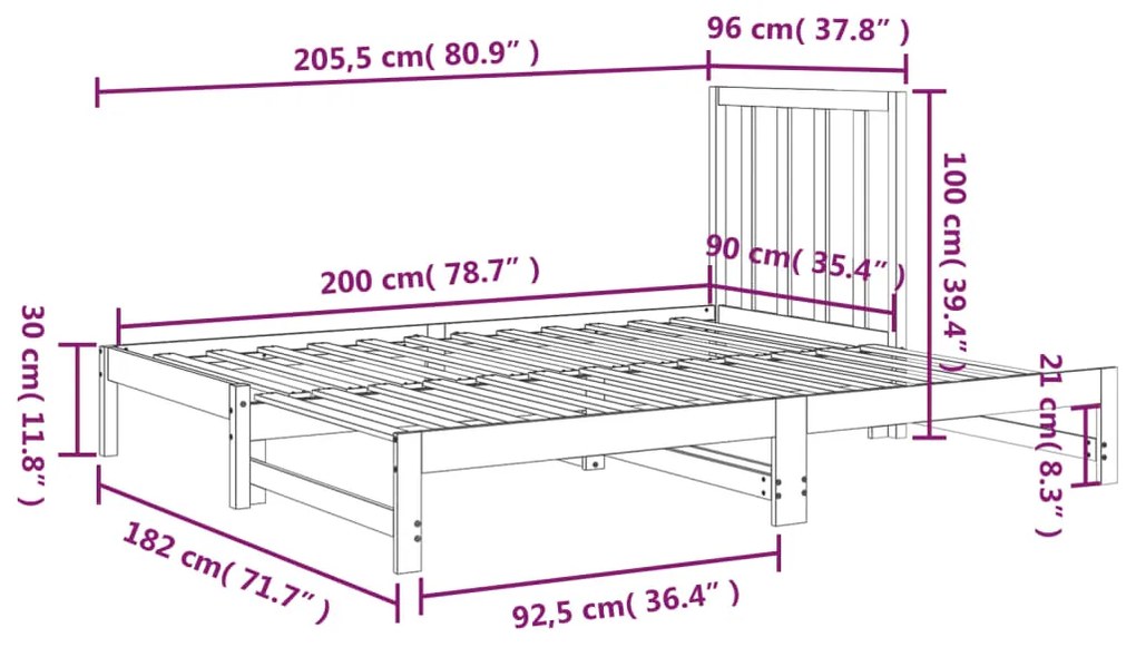 Sofá-cama de puxar 2x(90x200) cm madeira de pinho maciça