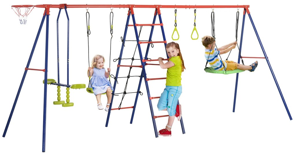 Conjunto de Baloiços para Crianças de Metal 6 em 1 Baloiços para Crianças de 3-12 Anos com 2 Baloiços Cesta de Basquetebol Baloiço Duplo Escada e Argo