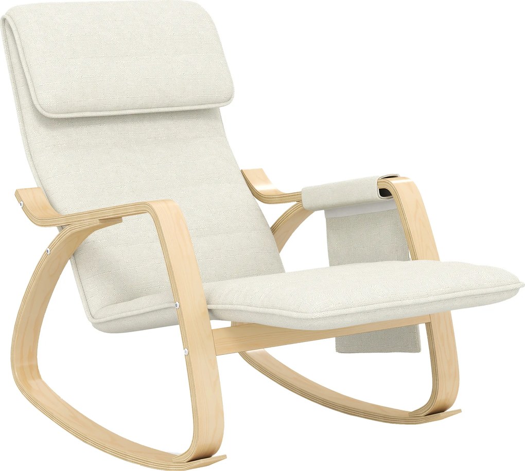 Cadeira relaxante basculante com apoio para os pés ajustável, bolso lateral e apoio para a cabeça, branco creme