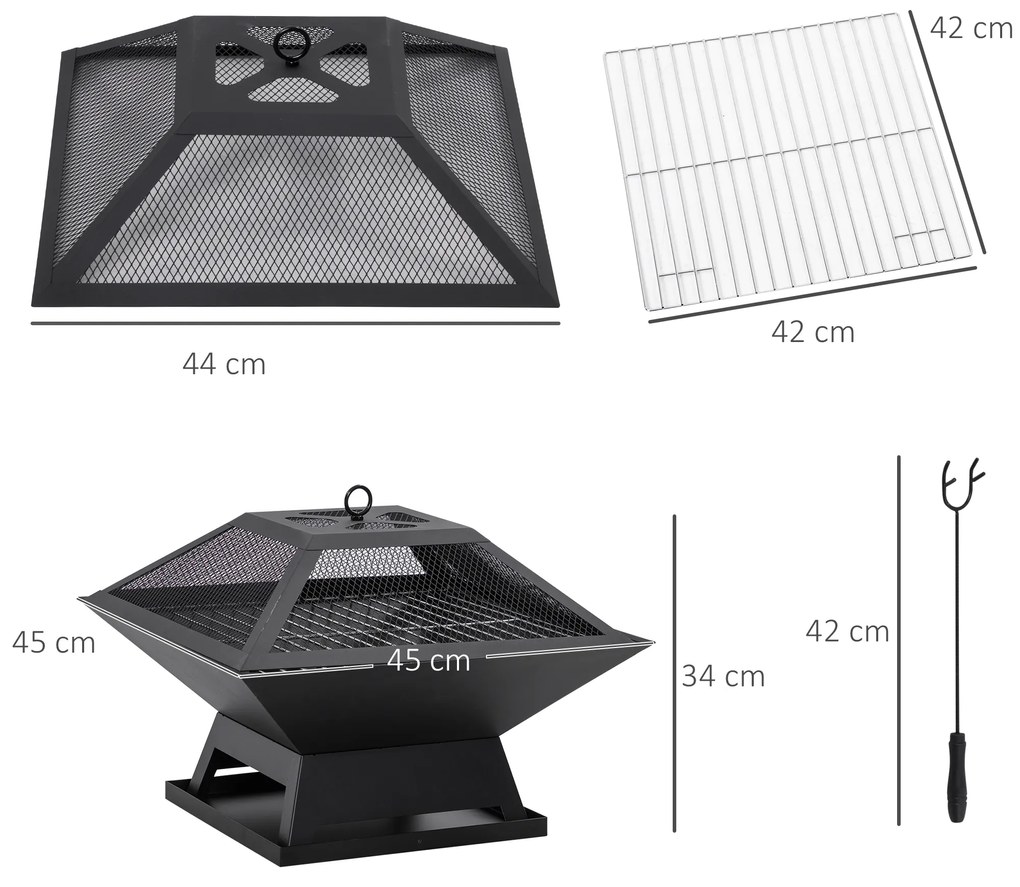 Braseiro Exterior de Aço Multifuncional com Tampa Protetora e Atiçador para Churrascos Fogueiras 45x45x34 cm Preto