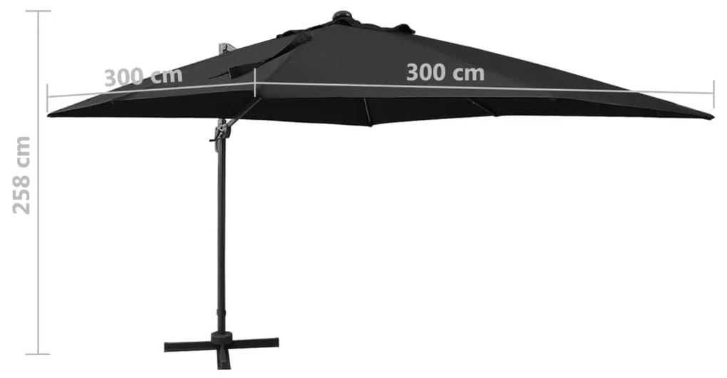 Guarda-sol cantilever c/ poste e luzes LED 300 cm preto