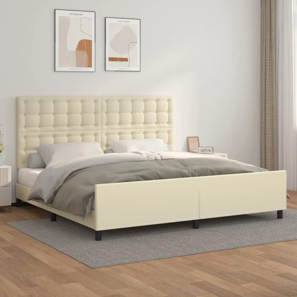 Estrutura de cama c/ cabeceira couro artificial 200x200cm creme