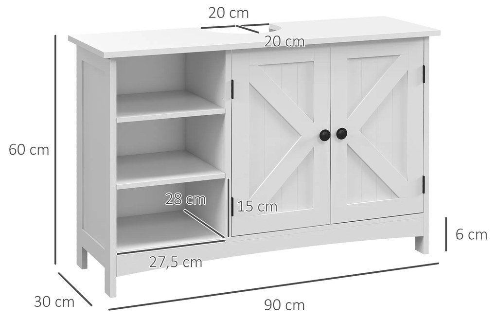 Móvel para Lavatório Pousar de Madeira com 1 Armário 3 Prateleiras Abertas e Prateleira Ajustável 90x30x60 cm Branco