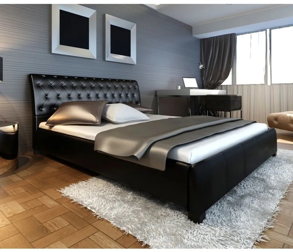 Cama com colchão 140x200 cm couro artificial preto
