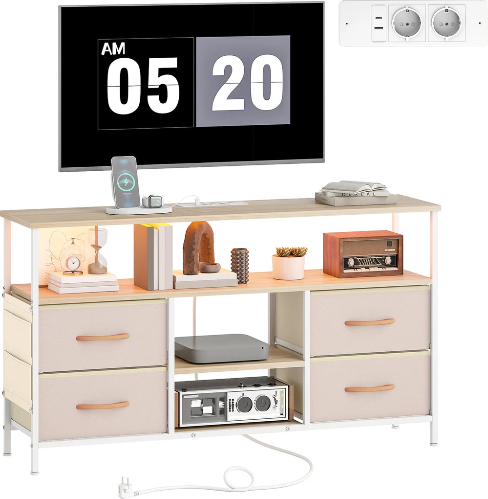 Móvel de TV com Luz LED Tomadas Portas USB 4 Gavetas de Tecido para Televisão até 50 Polegadas 120x30x67,5 cm Bege e Madeira