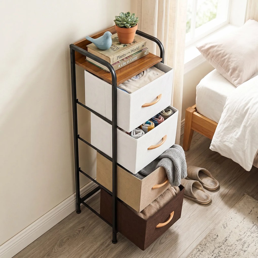 Cómoda de 4 gavetas com gavetas de tecido dobráveis e removíveis 31 x 28,5 x 99,5 cm, Estrutura metálica, Multicolorido