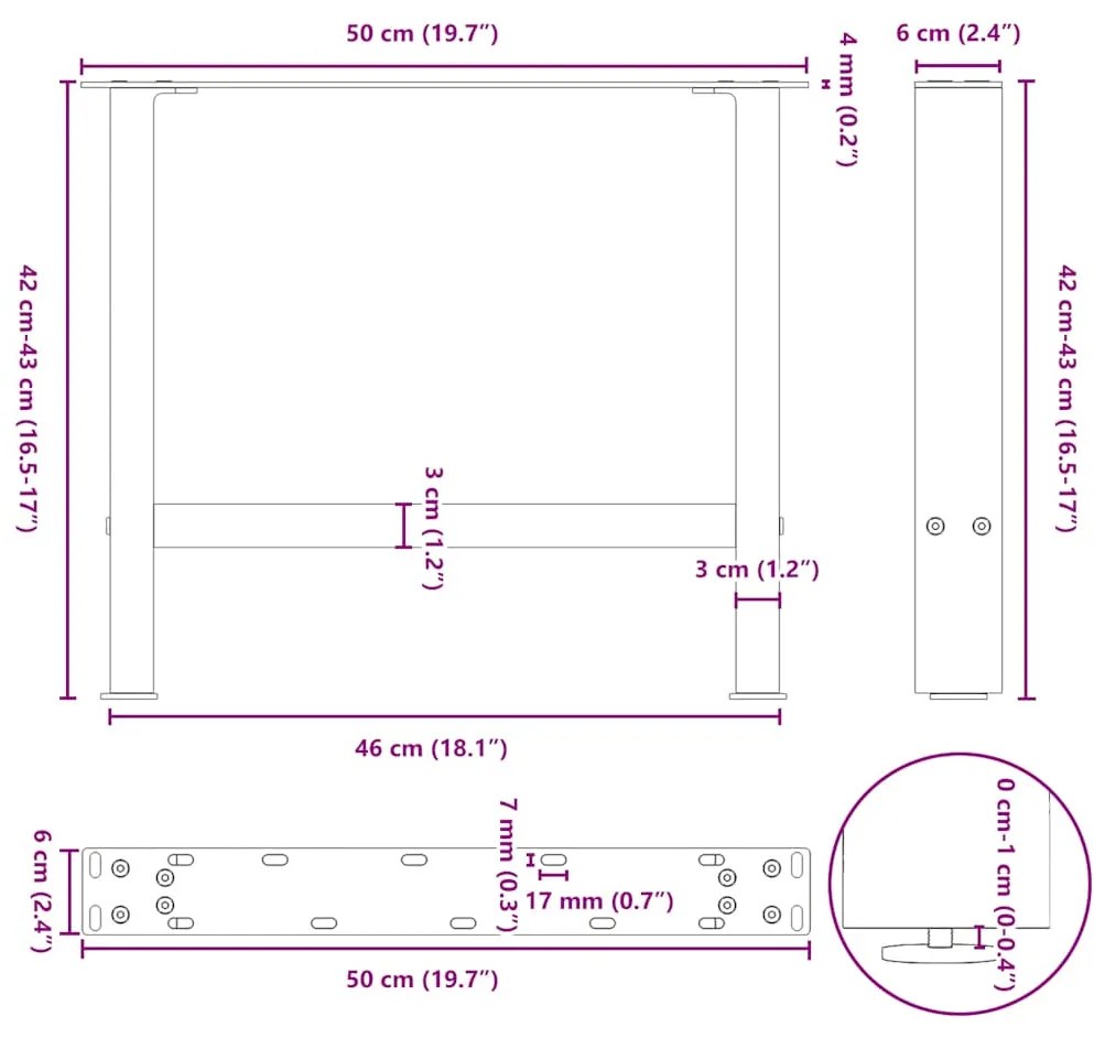 Pés para mesa de centro em aço natural, 2 peças, 50x (42-43) cm, aço