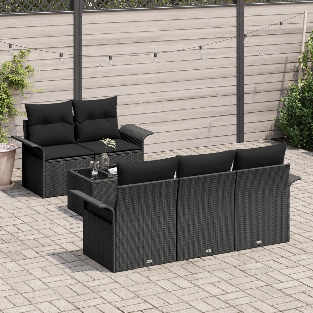 Conjunto de Sofás de Jardim de 6 Peças com Almofadas Rattan Preto Poli