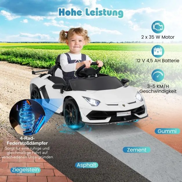 Carro elétrico Lamborghini 12V para crianças com controlo remoto 2,4G e faróis LED 3 a 5km/h  branco