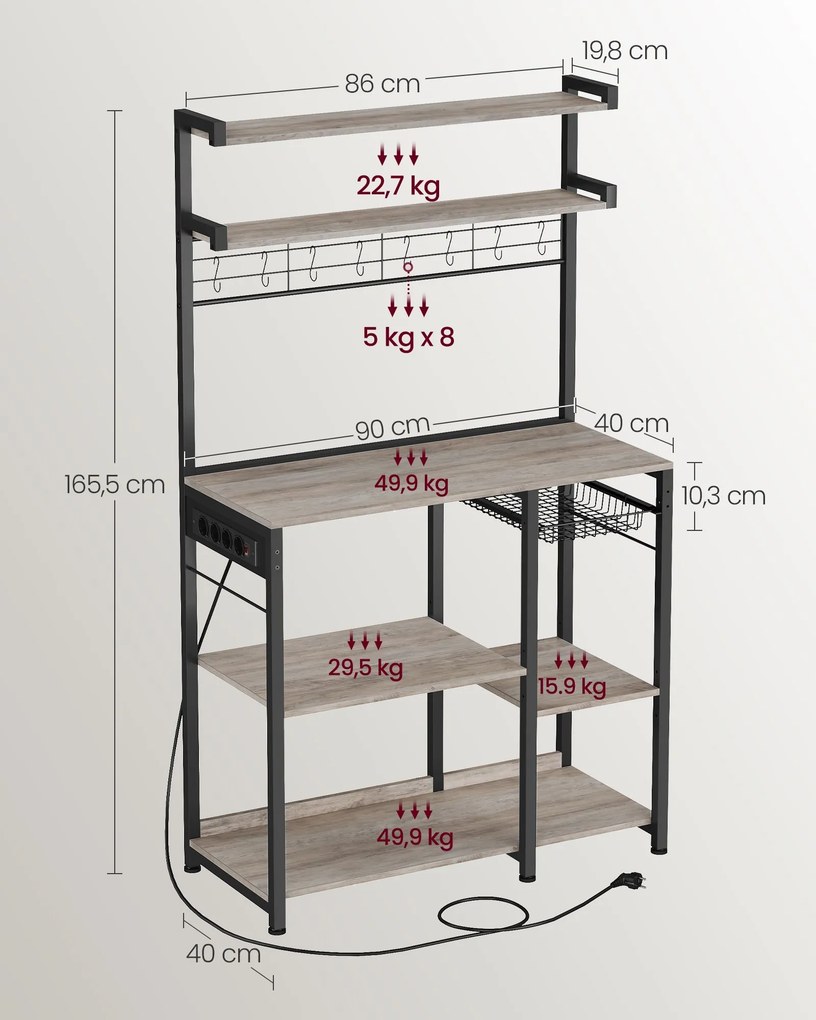 Armario de cozinha com tomadas e cesto 40 x 90 x 165,5 cm greige e Preto