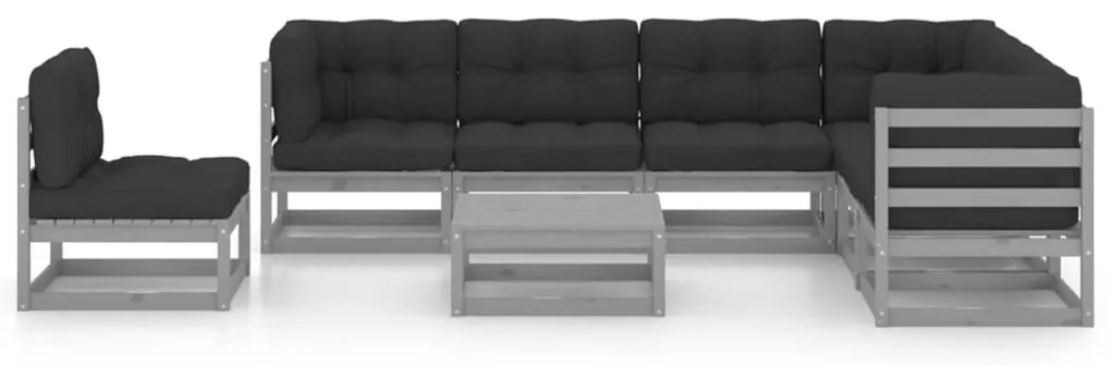 8 pcs conjunto lounge de jardim + almofadões pinho maciço cinza