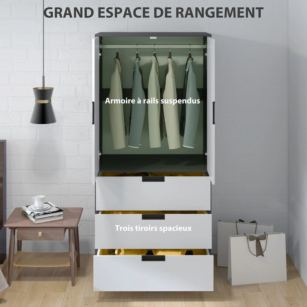 Guarda roupa de quarto 80 x 50 x 180 cm com 2 portas com fecho suave, 3 gavetas e barra para pendurar roupa, , cinzento e branco