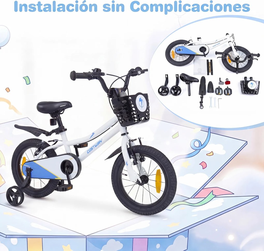 Bicicleta Infantil 3-5 Anos, 104 x 51 x 66,5-72 cm, Rodas Estabilizadoras Removíveis, Branco