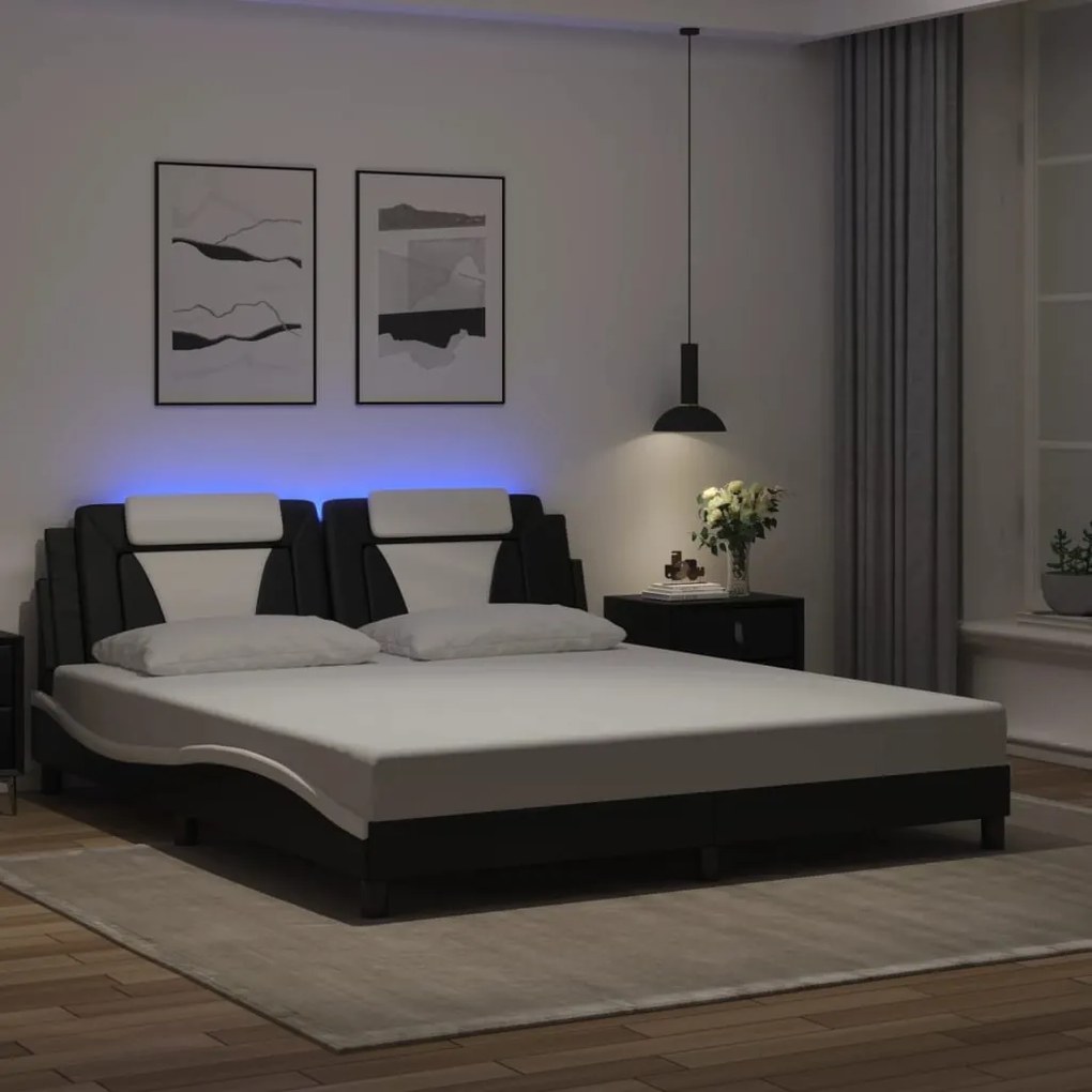 vidaXL Estrutura cama c/ luzes LED 180x200cm couro artif. preto/branco
