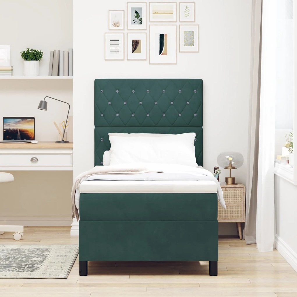 Cama Box com Colchão & LED verde escuro 90x190 cm Veludo