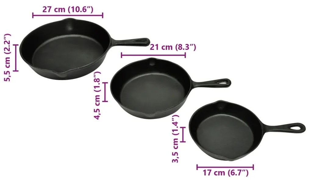 Frigideira de ferro fundido conjunto de 3 peças