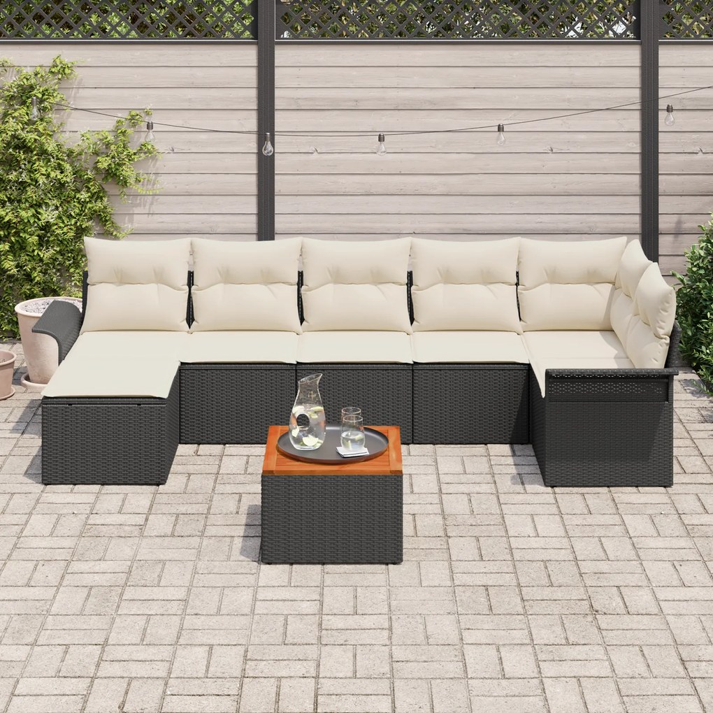 Conjunto de Sofá de Jardim de 8 Peças com Almofadas Preto Rattan Polié