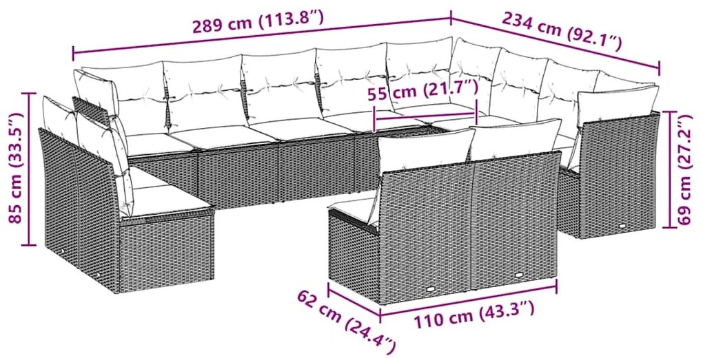 12 pcs conj. sofás jardim com almofadões vime PE cinzento-claro