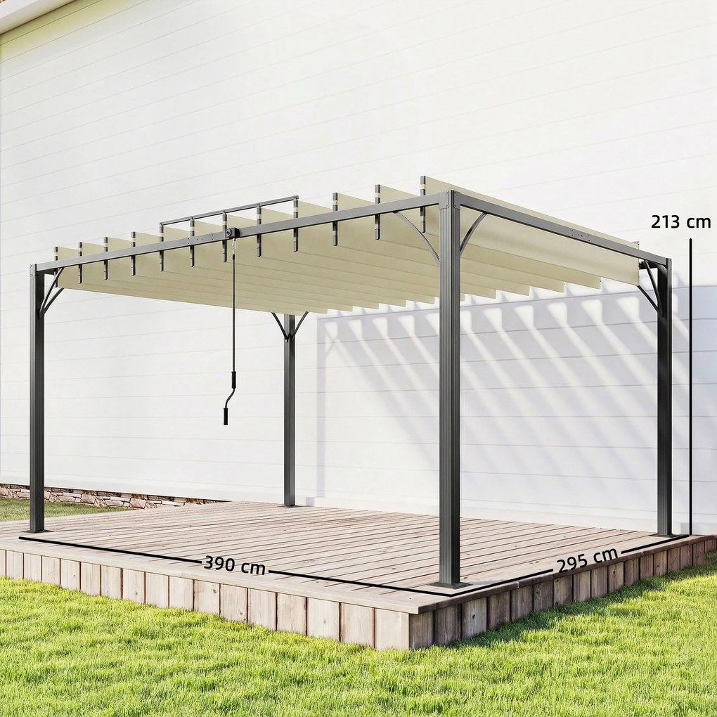 Pérgola 3,90x2,95 para Jardim com Desenho de Lâminas Superiores Giratórias até 135° Proteção UV 50+ para Pátio Terraço Creme