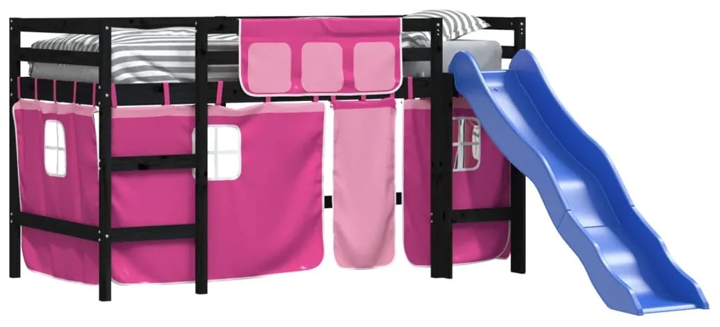 Cama alta p/ criança c/ cortinas 90x190 cm pinho maciço rosa