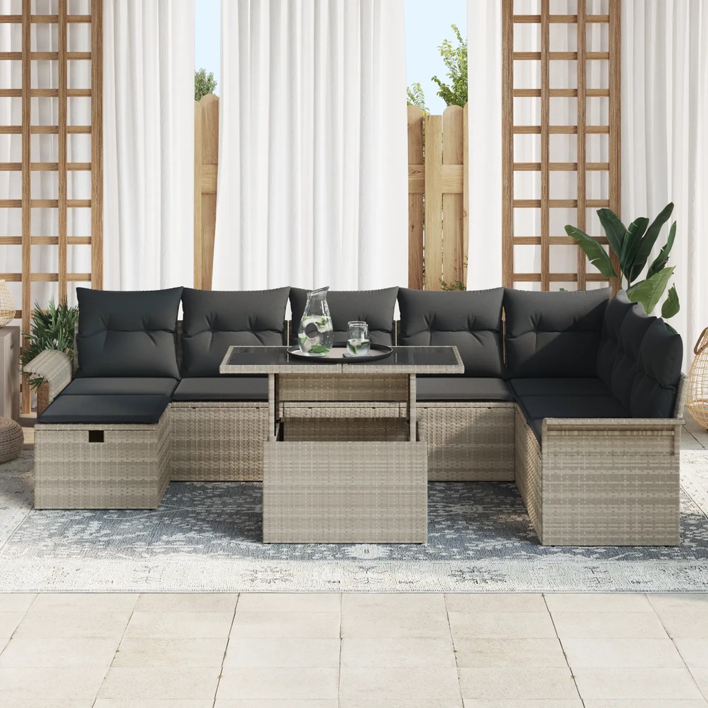 Conjunto de Sofá de Jardim com 9 Peças e Almofadas Cinza Claro em Poli