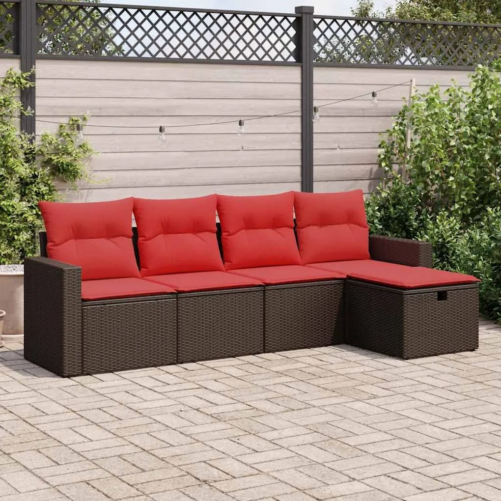 5 pcs conjunto sofás p/ jardim c/ almofadões vime PE castanho
