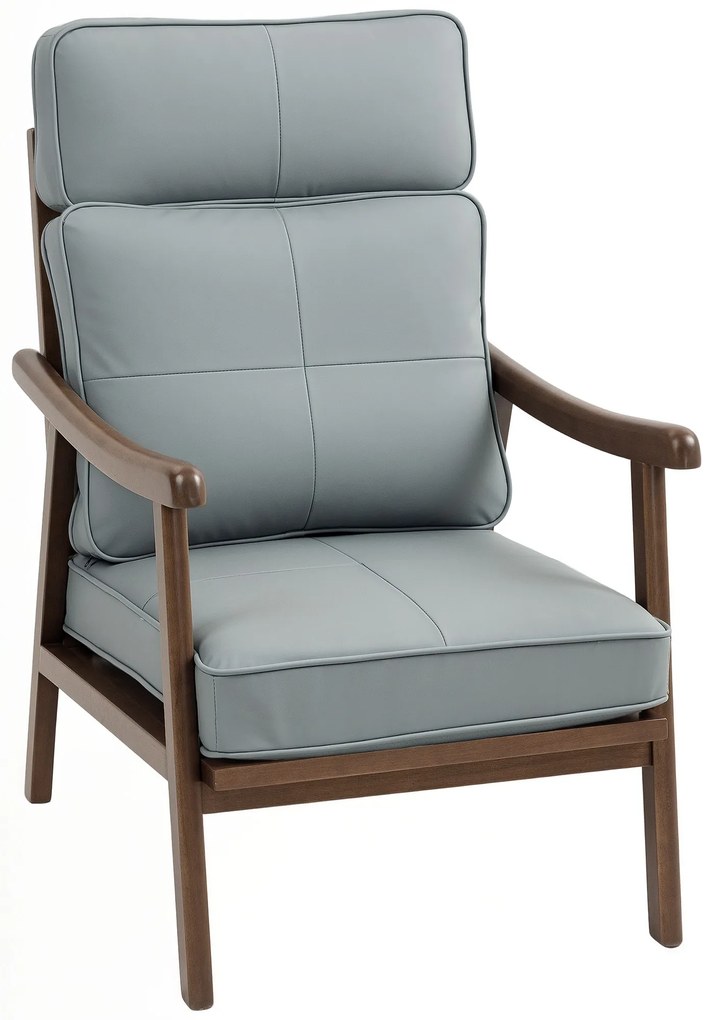 HOMCOM Poltrona para Sala Estofada em PU com Estrutura de Madeira Almofadas Acolchoadas Poltrona de Leitura 63,5x83x105 cm Cinza | Aosom Portugal