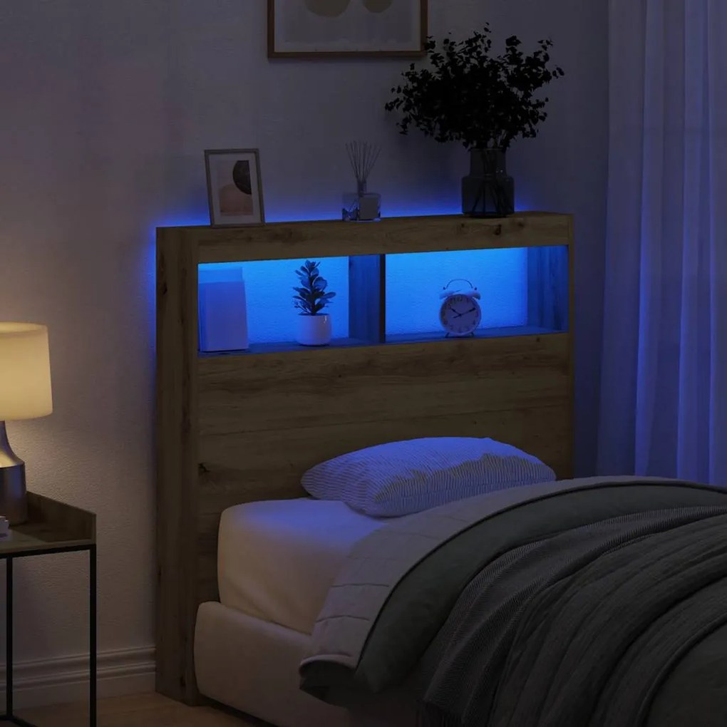 vidaXL Armário cabeceira c/ luzes LED 100x17x102 cm carvalho artisiano