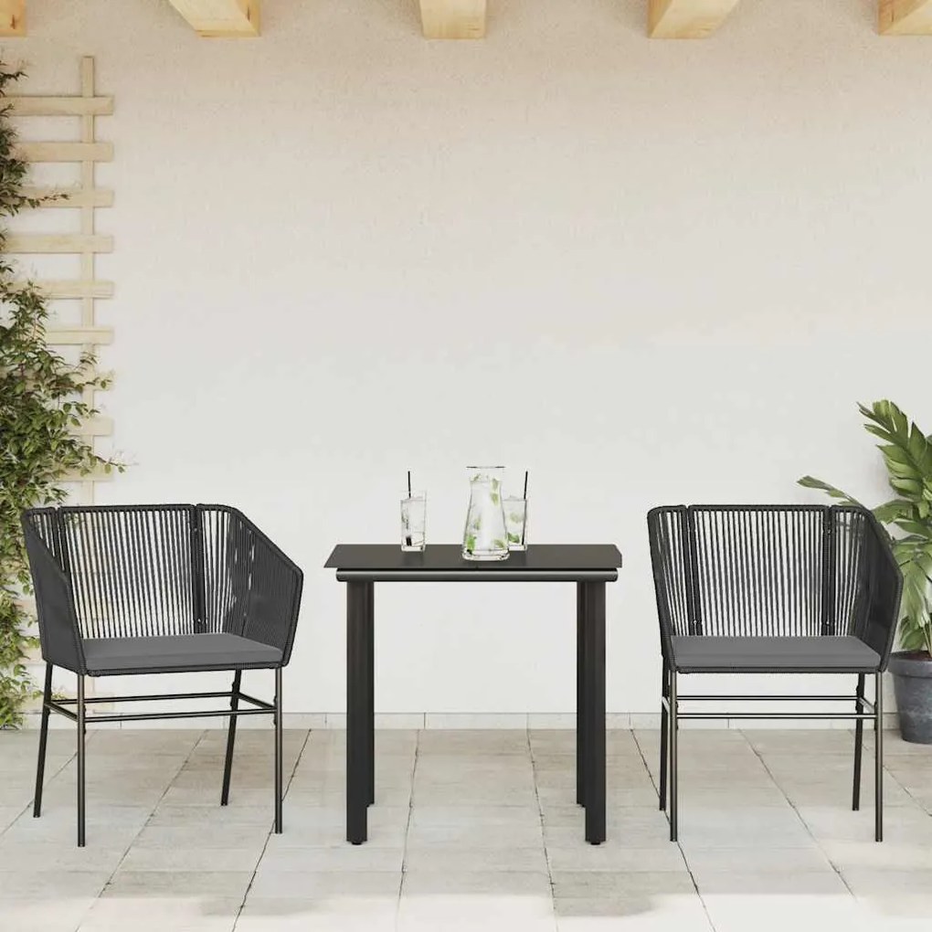 3 pcs conjunto jantar jardim almofadões vime PE vidro preto