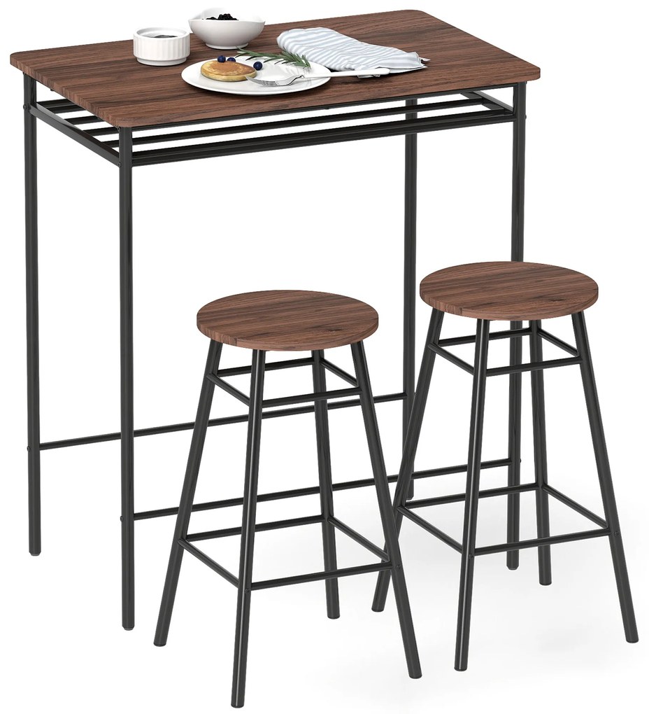 Mesa Alta de Cozinha com 2 Bancos EstiIo Industrial Prateleira Aberta Apoio para Pés para Espaços Reduzidos Castanho