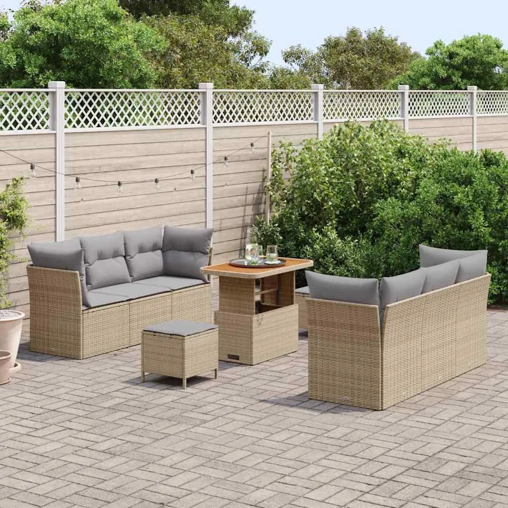 Conjunto de Sofá de Jardim de 9 Peças com Almofadas Bege Rattan Poliés