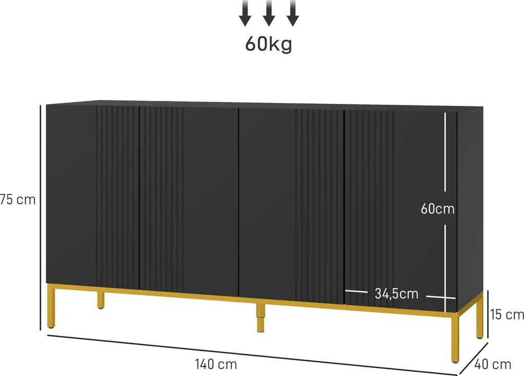 Aparador de design contemporâneo com padrão gráfico 140 x 40 x 75 cm, 2 armários e prateleiras ajustáveis, em madeira preta e metal dourado