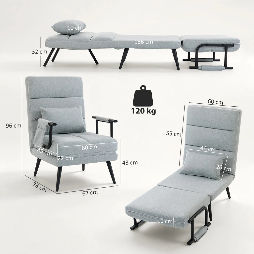 Cadeirão-Cama Dobrável 3 em 1 em Tecido Tipo Linho com Encosto Ajustável e Almofada com Capa Lavável 67x73x96 cm Cinza-Claro