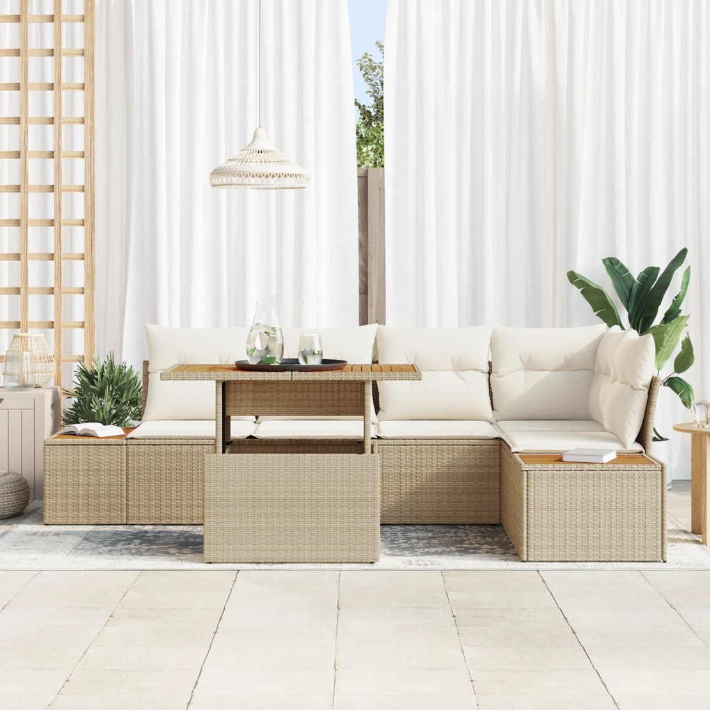 Conjunto de Jantar para Jardim de 6 Peças com Almofadas Bege em Rattan