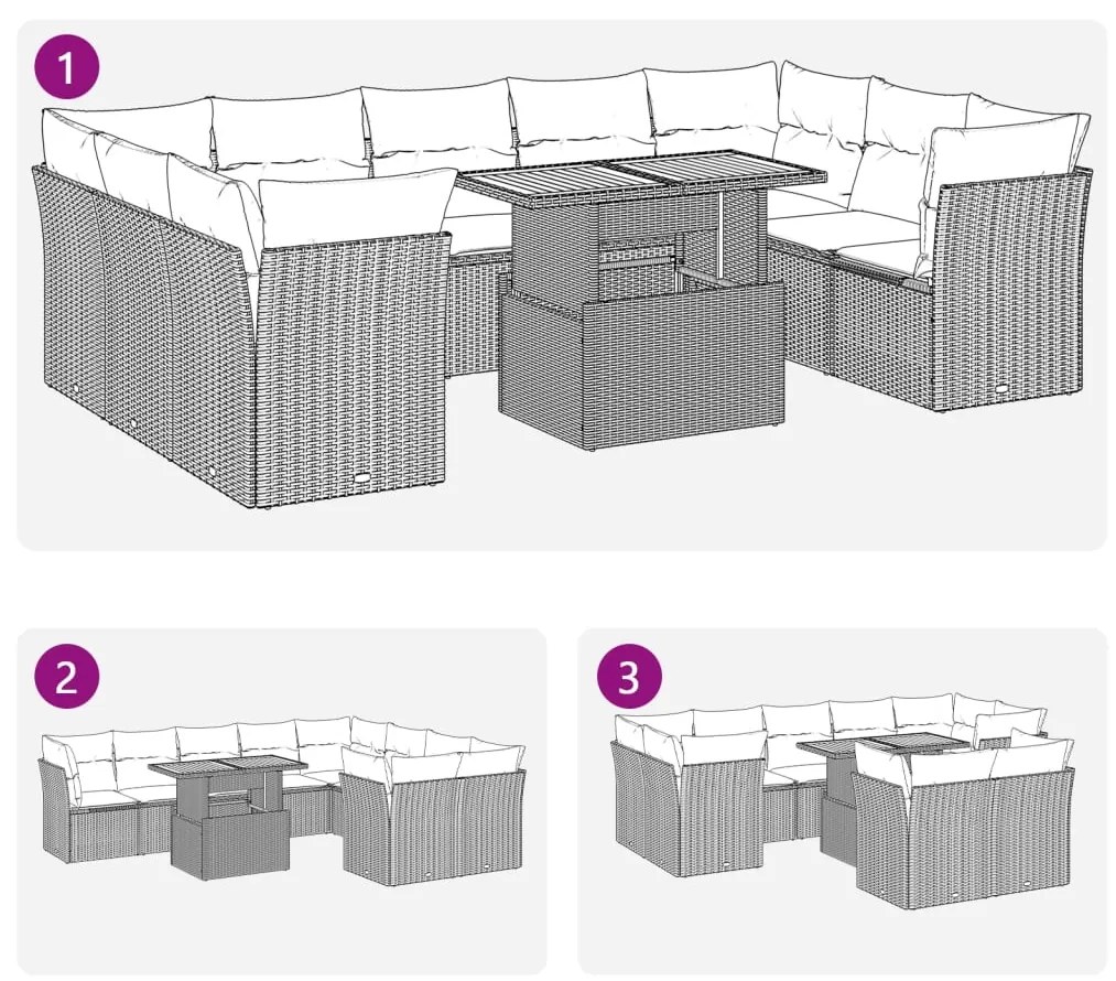 10 pcs conjunto de sofás p/ jardim com almofadões vime PE bege