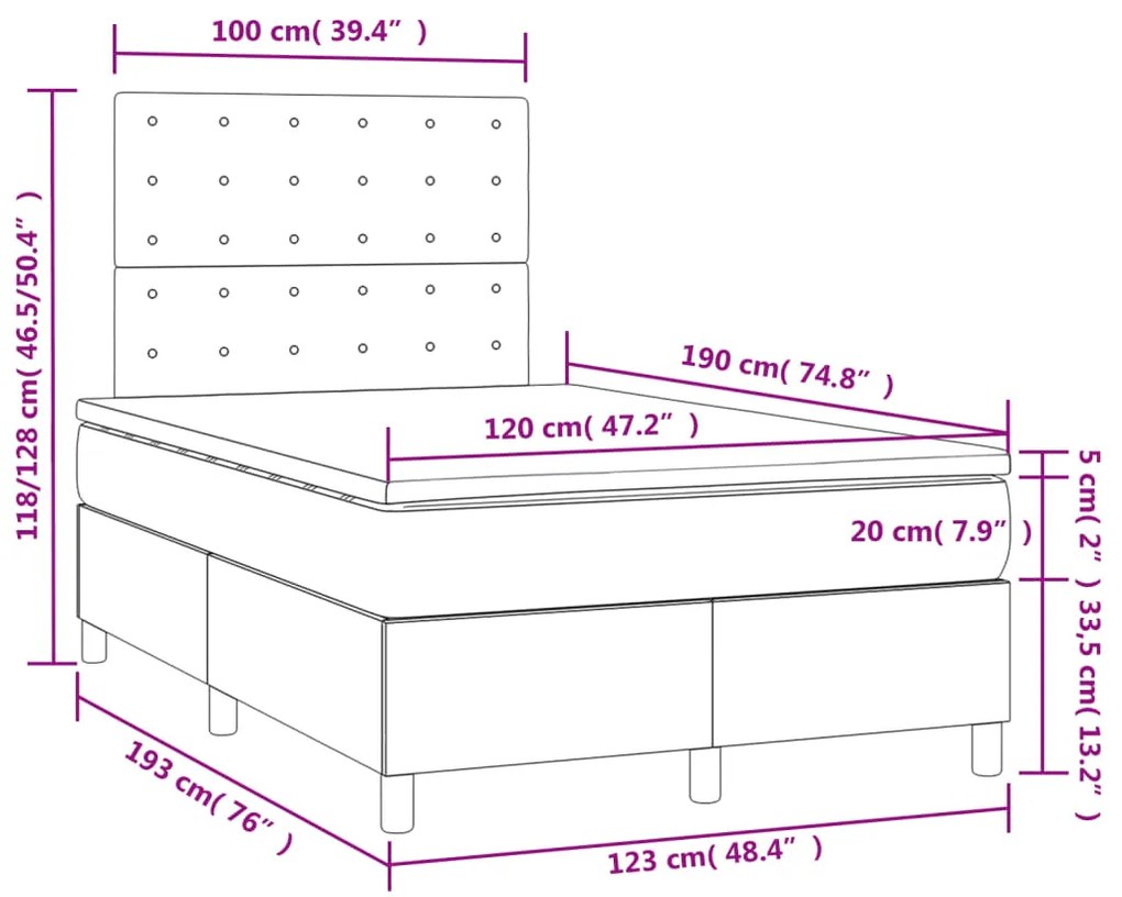 Cama box spring c/ colchão/LED 120x190cm tecido castanho-escuro