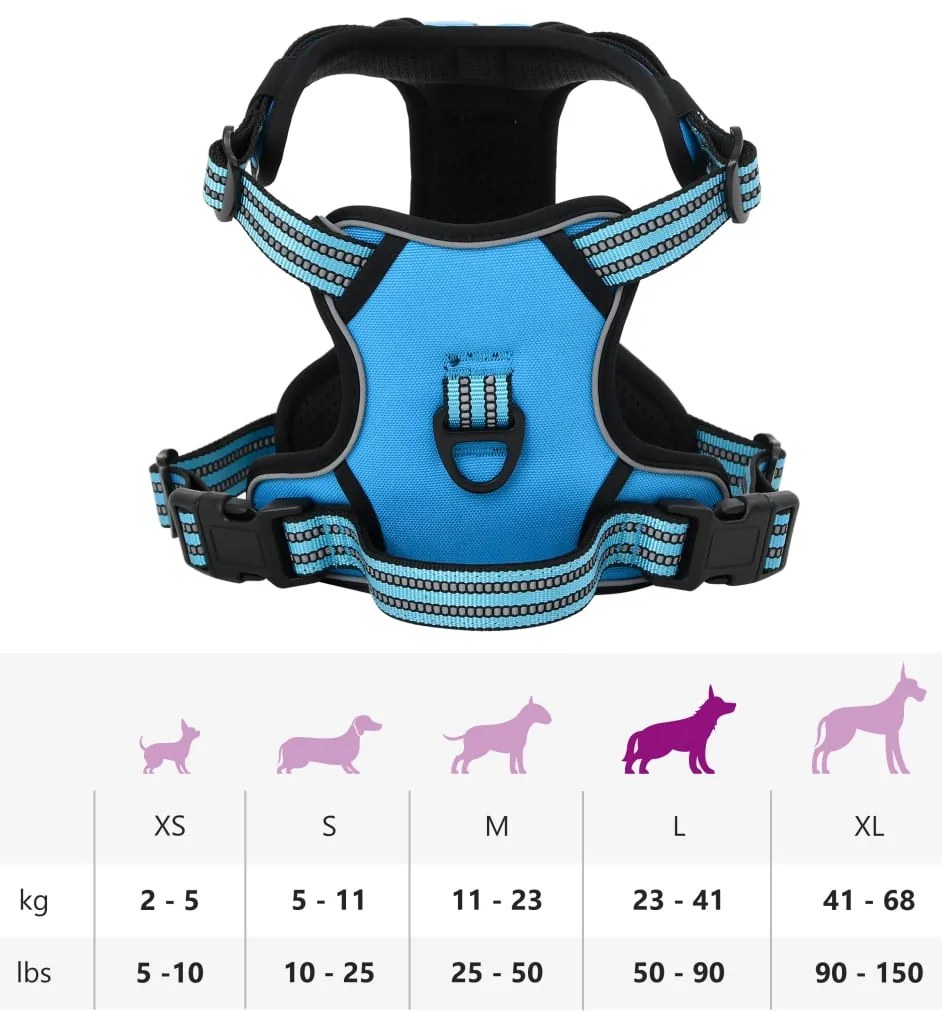 Peitoral para cães com faixas refletoras ajustável L azul