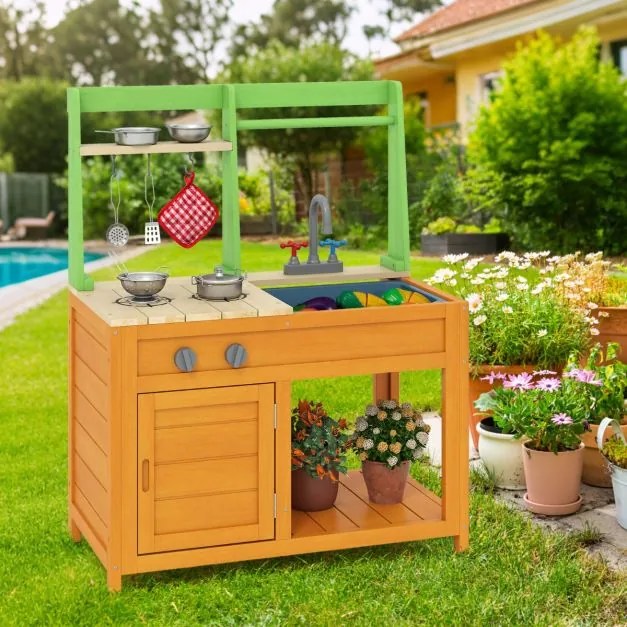 Cozinha para crianças ao ar livre 72 × 38 × 92 cm com fogões realistas, torneira, lava-louça, forno e acessórios de cozinha verde e amarelo