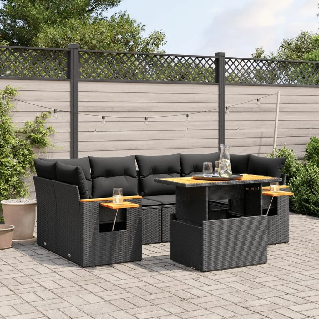 vidaXL 7 pcs conjunto de sofás p/ jardim c/ almofadões vime PE preto