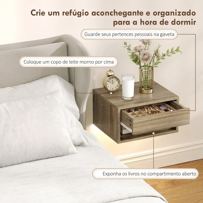 Conjunto de 2 Mesas de Cabeceira Flutuantes 37x32x21 cm com Luzes LED RGB Controlo por APP e Prateleira Aberta Madeira