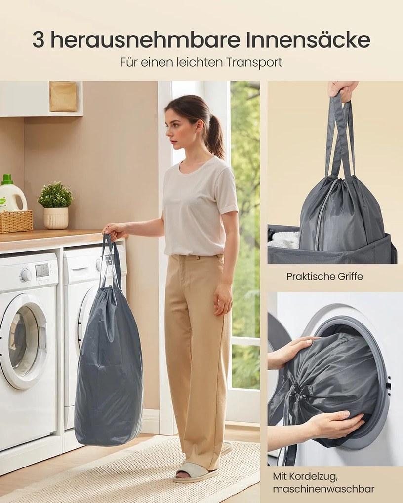 Cesto da roupa suja 160L, 64 x 33 x 75 cm com três compartimentos, tampa e saco interior lavável cinzento escuro