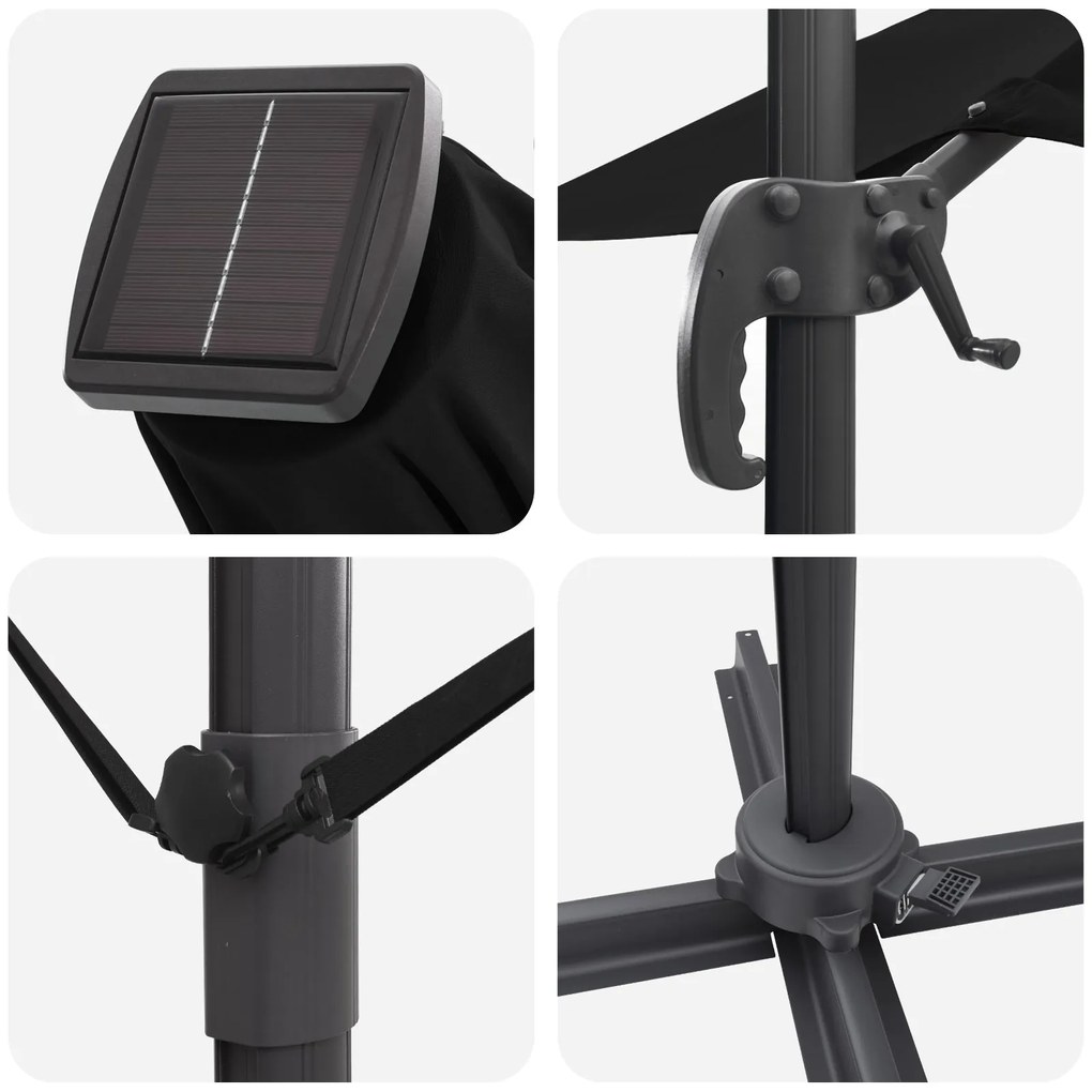 Guarda-Sol Cantilever Roma com LEDs Preto 286x285x270 cm Alumínio