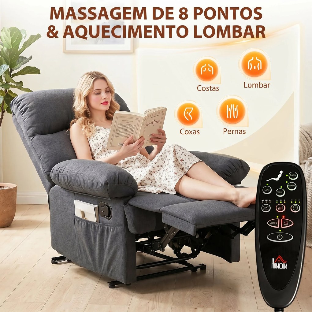 Poltrona de Massagem Relax Reclinável com 8 Pontos de Massagem e Função Calor 85x93x103 cm Cinza