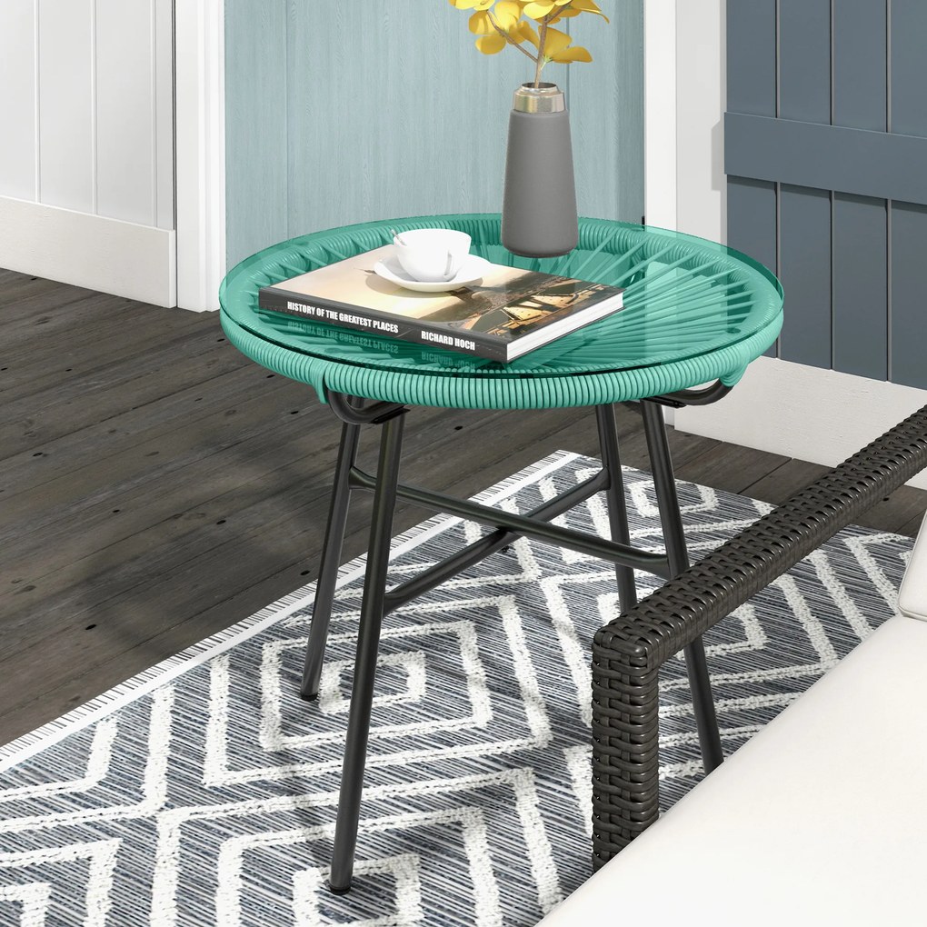 Mesa de centro redonda de jardim Ø 50 x 50 cm (altura) em resina com acabamento em rattan e metal e tampo em vidro temperado, preta e verde