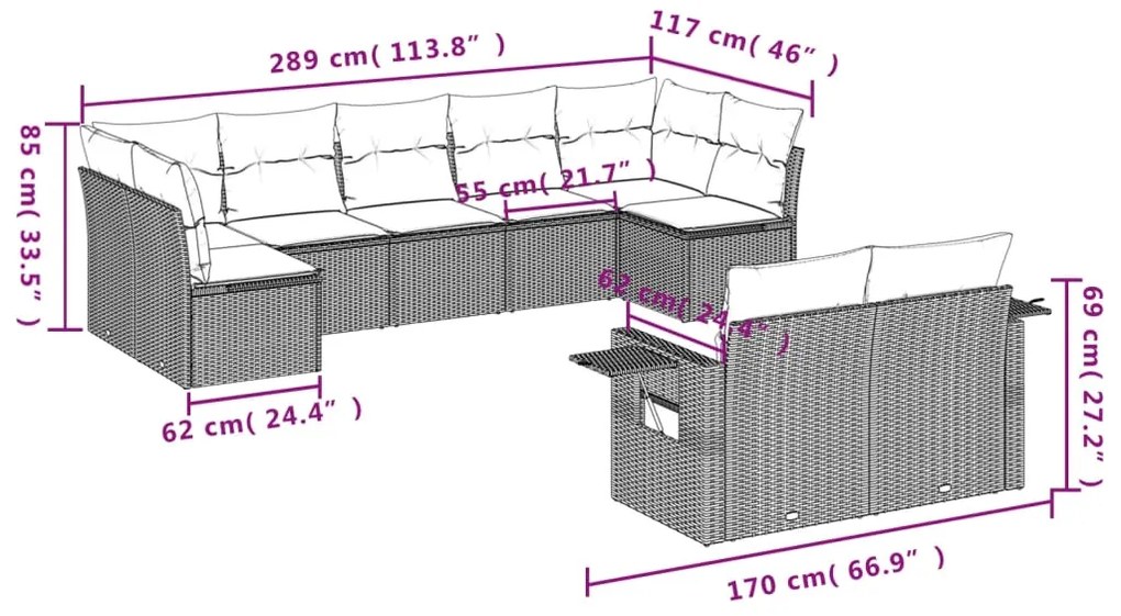 9 pcs conjunto de sofás p/ jardim c/ almofadões vime PE preto