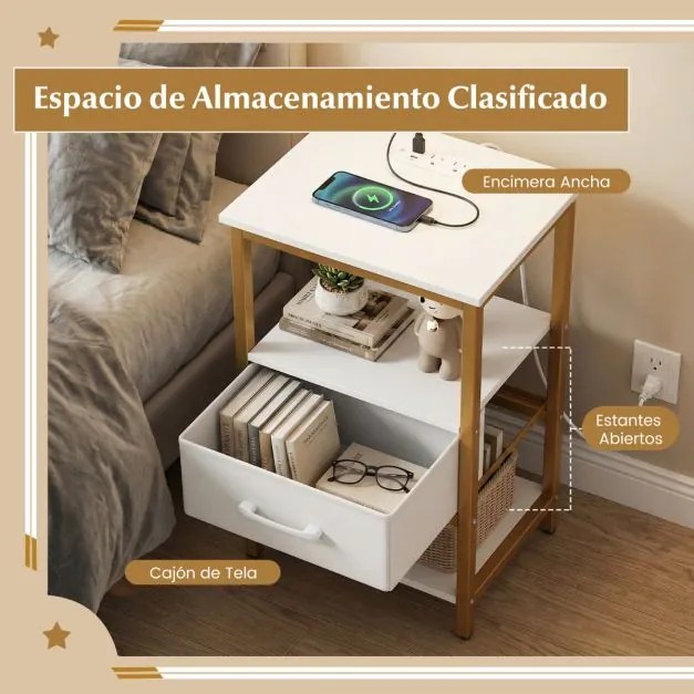 Conjunto de 2 mesas de cabeceira, mesas apoio 40 x 30 x 61 cm com estação de carregamento, Estrutura metálica moderna dourado e branco