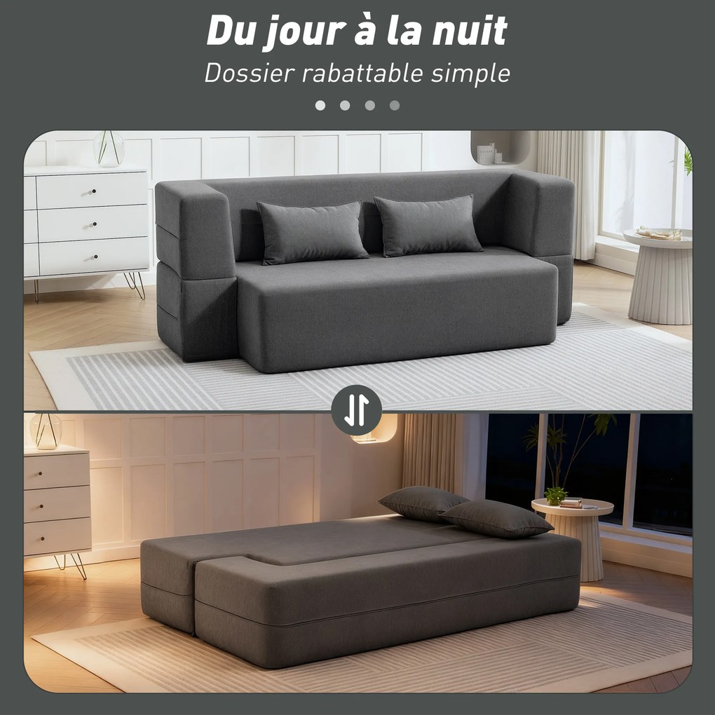 Sofá-cama de 2 Lugares, 203 x 95 x 75 cm, Transformável em Cama de Casal, Cinzento