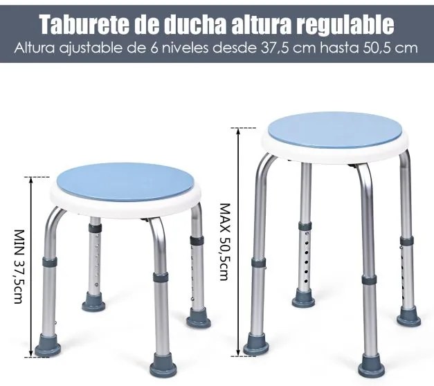 Banco giratório para banho com altura ajustável e rodas giratórias de 360 °.em alumínio e antiderrapante. Suporta até 120 kg.