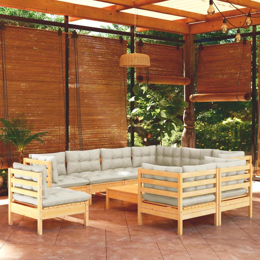 vidaXL 10 pcs conjunto lounge jardim c/ almofadões creme pinho maciço