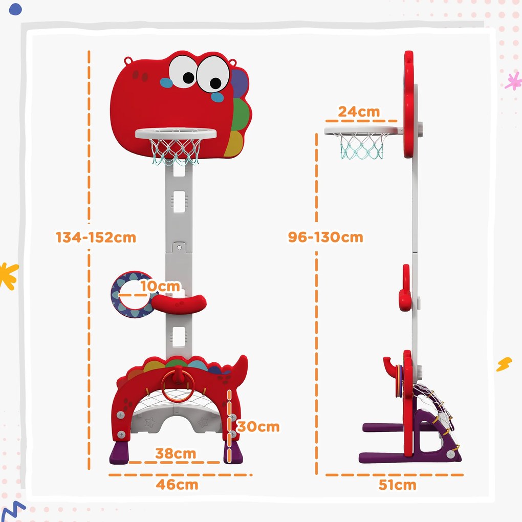 Cesto de Basquetebol 5 em 1 com Altura Ajustável Futebol Golf Aros Jogo de Lançamento 46x51x134-152 cm Vermelho